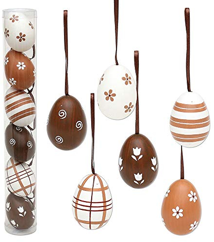 SIGRO Gold 6er Set Plastik Eier Kaffee in Röhre mit Anhänger Motive 6-Fach sort. 3 x 3 x 6 cm im Set