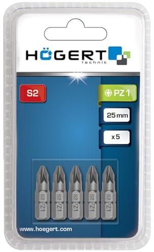 HÖGERT TECHNIK – PZ1 Schrauberbits 25 mm, 5 Stück, aus S2-Stahl, HRC 58–60, 1/4 Sechskantschaft, DIN 3126, präzise Kreuzschlitz-Bits für Werkstatt, Elektro & Montage