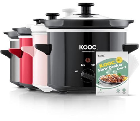 KOOC Small Slow Cooker, 2-Quart, Free Liners Included for Easy Clean-up, Upgraded Ceramic Pot, Adjustable Temp, Nutrient Loss Reduction, Stainless Steel, Black, Round…