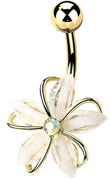 Tata Gisèle Piercing Nombril Banane en Acier Chirurgical 316 L et Oxydes de Zirconium - Délicate Fleur avec Cinq Pétales Acier et Zircons et Zircon Central Rond - (Or Doré)