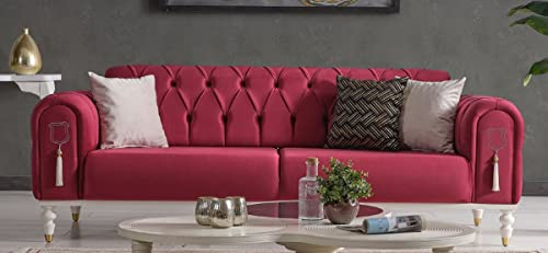 Casa Padrino Luxus Chesterfield Schlafsofa Rot/Weiß/Gold 230 x 95 x H. 83 cm - Wohnzimmer Sofa mit 3 Kissen - Luxus Wohnzimmer Möbel