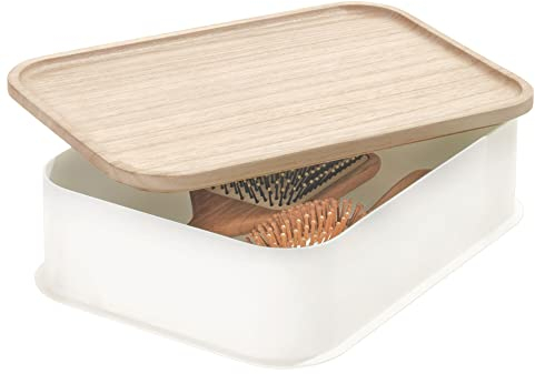 iDesign Eco Schubladenbox, mittelgroße Regalbox aus BPA-freiem, recyceltem Kunststoff, Schubladen Organizer Box mit Deckel aus Paulownia-Holz, weiß, 8,7 x 21,6 x 30,5 cm, 08541