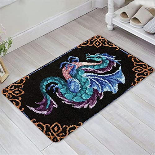 VIONNPPT Drache Serie Knüpfteppich Set Teppiche Knüpfen Kreuzstich Set für Kinder und Erwachsene, DIY Handgefertigt Knüpfset Latch Hook Rug Making Kit (Blau,50cmx38cm)