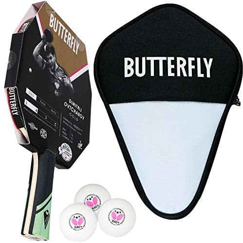Butterfly Dimitrij Ovtcharov Gold Tischtennisschläger + Tischtennishülle Cell Case I + 3*** ITTF R40+ Tischtennisbälle | Tischtennisschlägerset | Profi Set