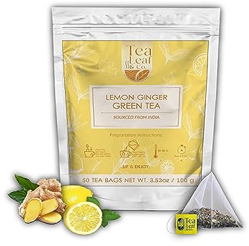 Tealeaf & Co. Lemon Ginger Green Tea with Ginger, Lemon Flavor, Orange Peel, Mint & Black Pepper - Green Tea Bags with Fresh Herbs and Spices - Vegan - 50 Teabags