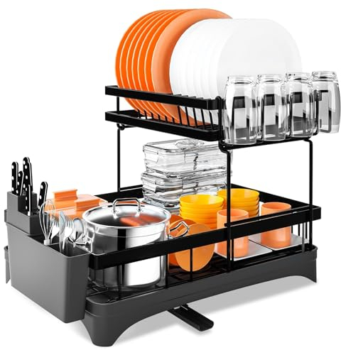 Baodan Dish Drying Rack Large, 2 Tier Kitchen Dish Drainer Rack Space-Saving, 360 Flexible Draining Board Rack for Kitchen Counter - Sink Drainer Rack with Drip Tray, Utensil Holder, Cup Rack