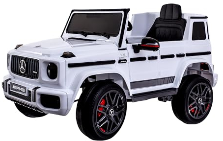 Allpax Mercedes G63 AMG Elektro Kinderauto für Kinder mit Fernbedienung - 3-6 Jahre bis 30 kg - Premium Soundsystem mit Motorsound, Hupe, USB – Lizenziertes Elektroauto für Kinder Weiss 3-6 km/h