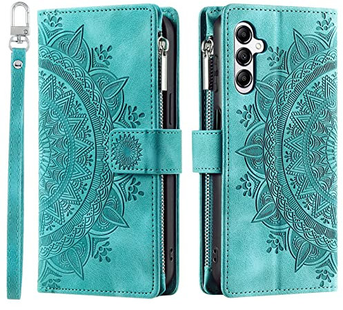 VEEMOS Wallet Case for Samsung Galaxy S24 Flower Flip Case Protective Leather Folio Book Phone Cover with Card Slots Kickstand Zipper Pocket - Green