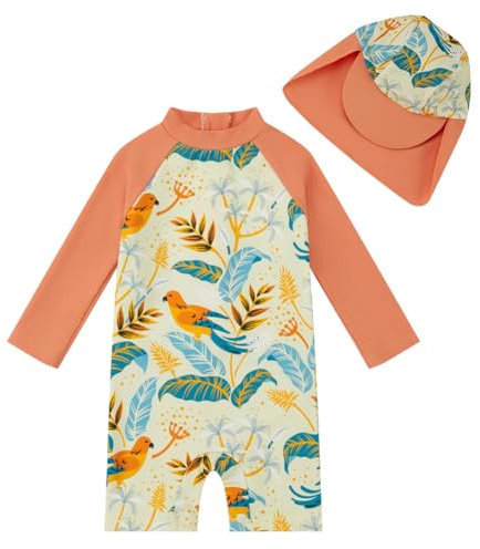 upandfast Badeanzug Baby mit Sonnenhut UV Schutz 50+ Badebekleidung für Baby Mädchen(18-24 Monate,Orange Vogel)