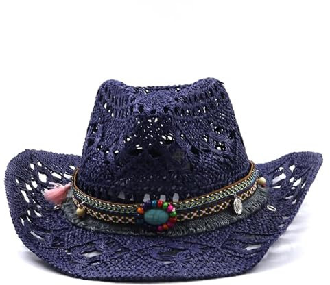 Sonnenhut Strohhut Hut Strah Western Cowboy Hut Handgemachte Strand Filz Sonnenhut Party Mütze Für Mann Frau Curling Brim Cap Sonnenschutz Unisex Hüte Adult56-58Cm Blau