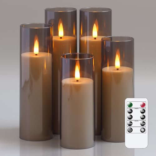 Yeelida Akril Flammenlose flackernde LED-Kerzen mit Fernbedienung und Timerfunktion, batteriebetrieben 5,5cm x 12,5 15 17,5 20 20cm Kunststoff-Kerzen für Heimdekoration (Langlebig, Grau)