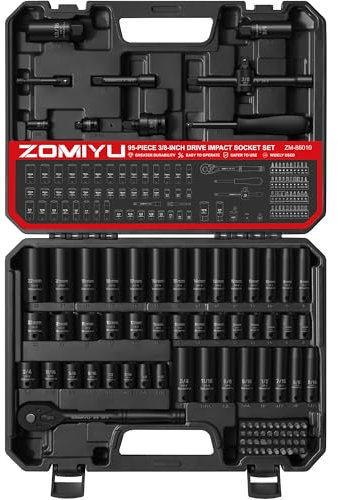 ZOMIYU 3/8 Drive Impact Socket Set, 95 Piece SAE Standard (5/16-3/4) and Metric (8-22mm), Cr-V, 6-Point Deep/Shallow Socket Set with 3/8 Ratchet Handle,