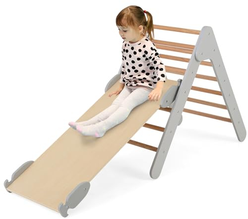 GOPLUS Dreieckige Kletterleiter mit Rampe, Kletterdreieck mit 2-in-1-Wenderampe, Klettergerüst für Kleinkinder zum Klettern und Rutschen, Kinderspielplatz für Kinderzimmer, Kindergarten (Grau)
