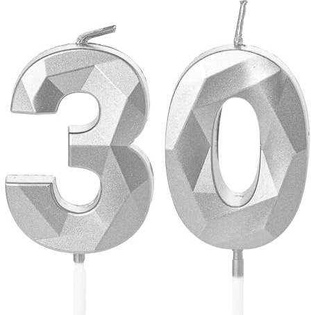 Geburtstagskerzen Zahlen 30 Jahre, 5cm Geburtstag Kerzen, 3D Zahl Silber Kerzen 30. Geburtstag Mann und Frau Tortendeko für Geburtstag Party, Hochzeiten, Firmenfeiern, Jubiläen