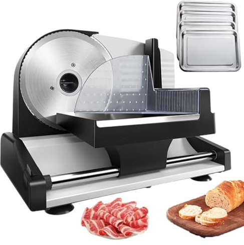 forplubossmmp Electric Food Meat Slicer, Commercial Meat Cutter Machine with 4 Tray, 190mm Stainless Steel Blade Meat Slicing Machine for Cut the Carrot/Cut the Meat/Cut the Toast/Ham Slices
