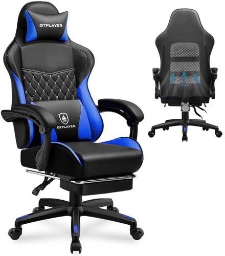 GTPLAYER Chaise Gaming, Chaise Gamer, Chaise de Bureau Ergonomique Réglable en Hauteur, Utilisable en Hiver et en Été, avec Dossier Double, Repose-Pieds, Housse Amovible et Support Lombaire Bleu