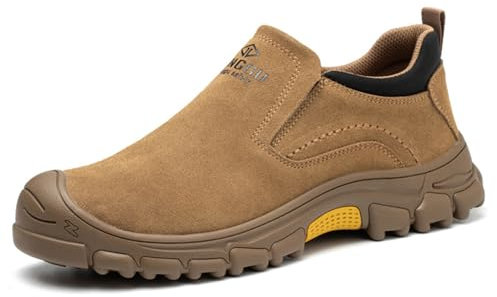 JiuQing Zapatos De Seguridad Hombre Sin Cordones con Puntera De Acero Zapatos De Trabajo Ligeros Cómodos De Gamuza Zapatillas Industriales,Marrón,40 EU