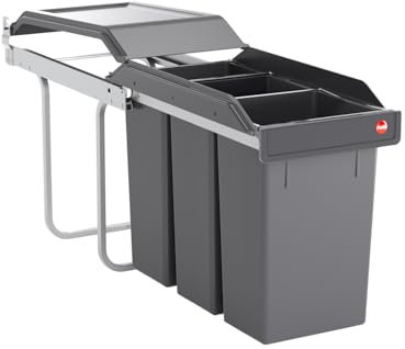 Hailo Abfallsammler Tandem 3650131 | für Schränke ab 300 mm Breite | Einbau Mülleimer 3x 10 L | Handauszug auf Rollenführung | Mülltrennsystem anthrazit | Küchenabfallsammler | robust und platzsparend