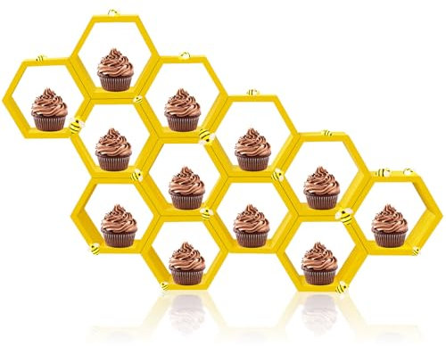 12 Stück 10,4 cm Waben-Cupcake-Ständer, Kuchen, Bauernhaus, sechseckig, Holz, Cupcake-Ständer, schwimmendes Tischschild mit Holzbiene für Babyparty, Geburtstagsparty, Tischdekorationen