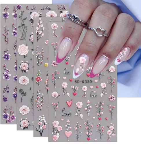 JMEOWIO 3D Embossed Flower Nail Art Stickers Decals Self-Adhesive 5D Spring Summer Flora Nail Supplies Nail Art Design Decoration Accessories 4 Sheets