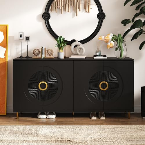 Sideboard, Esszimmerschrank mit Metallfüßen, Aufbewahrungsschrank mit goldenen halbrunden Griffen, Küchenschrank, Wohnzimmer, Küche, Esszimmer, 80 x 40 x 160 cm, Schwarz + Gold, verdicke Platte