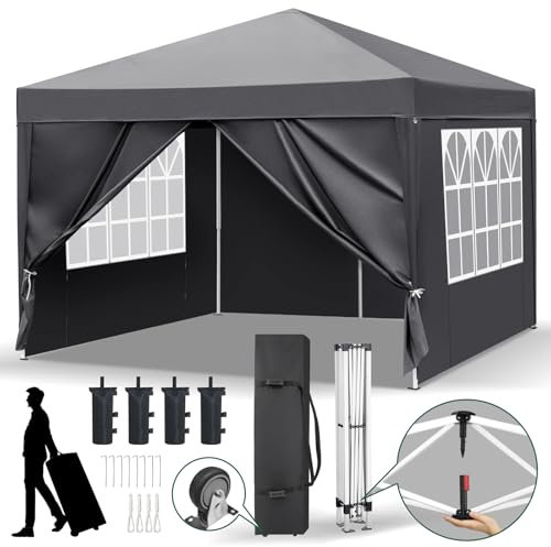 LEADZM Pavillon 3x3m,EIN klick Verriegelung,Faltpavillon,Wasserdicht,Winterfest,Höhenverstellbar,UV Schutz 50+,Gartenzelt,Partyzelt,mit 4 Seitenteilen Sandsäckefür,Garten,Party,Camping Dunkelgrau