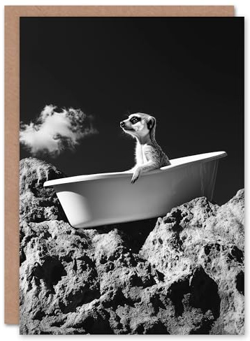 Artery8 Greeting Card Meerkat in Bathtub on a Rock Black White Surreal Blank For Him Or Her Art Birthday Card