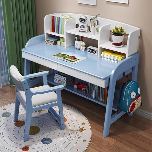 SDCGB Moderner Schreibtisch für das Heimbüro, Computertisch aus Holz mit Offenem Regal und Schubladen Kompaktes Schreibpult Computer Arbeitsplatz(124x60x110cm, Blue)