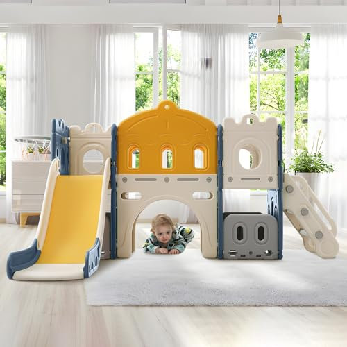 Merax Rutsche & Kletterspielzeug für Kinder, 6 in 1 Kinderrutsche Schaukel, Basketballrahmen, Klettern, Bohrspiel, Stauraum, Kinder Spielplatz Gartenrutsche für In- und Outdoor, Schloss Set, Blau&gelb
