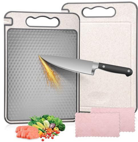 Samamoca Tabla de cortar de acero inoxidable de doble cara, apta para alimentos, acero inoxidable 304 y paja de trigo, antideslizante, apta para lavavajillas, higiénica, antiolor para carne y verduras