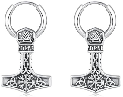 Twoowl Thors Hammer Ohrringe 925er Sterlingsilber Mjolnir Creolen Wikinger Keltische Ohrringe Baumelnde Tropfen Ohrringe Vegvisir Rune Nordischer Schmuck Dreifaltigkeit Geschenke für Frauen Männer