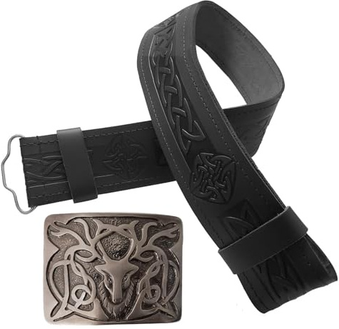 STITCHIFY Traditioneller Kilt-Gürtel aus schottischem Leder und antiker Hirsch-Schnalle
