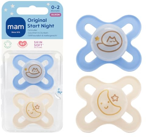 MAM Original Start Night Schnuller | 0-2 Monate | Leuchtende Babyschnuller für Neugeborene | 94% Akzeptanz | stillfreundlich | von 100% der Hebammen empfohlen | SkinSoft Silikon | blue | 2 Stück