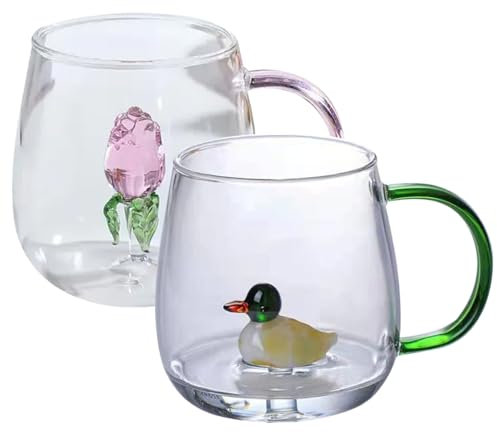 Cute Mug with 3D Animal Inside 2PCS 400ml Glass Coffee Cup with Handle 3D Animal Drinking Glasses Cartoon Glass Teacup for Home Office Tea Juice Milk, Coffee Cups