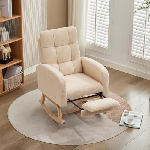ModernLuxe Rocking Chair with Adjustable Footrest for Living Room, Nursing Chair with Solid Wooden Legs, Comfortable Lounge Armchair with Side Pockets and High Backrest, Teddy Fabric, Beige