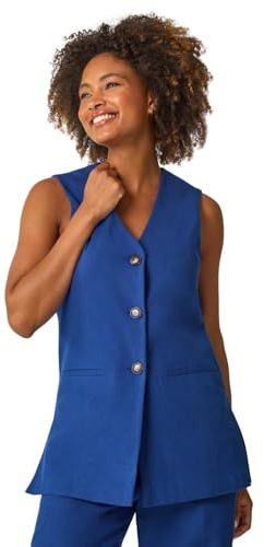 Roman Originals Longline Button Waistcoat Jacket for Women UK - Ladies Everyday Holiday Spring Summer V-Neckline Comfy Soft Evening Vacation Work Party - Royal Blue - Size 16