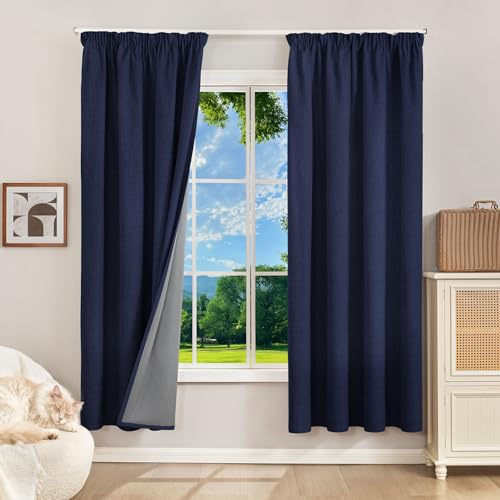 100% Verdunklungsvorhänge mit Kräuselband Leinenoptik Vorhänge Blickdicht | 175Hx140Bcm,Jeansblau,2er Set,Thermovorhänge Kälteschutz Gardinen für Schienen,Wohnzimmer,Schlafzimmer