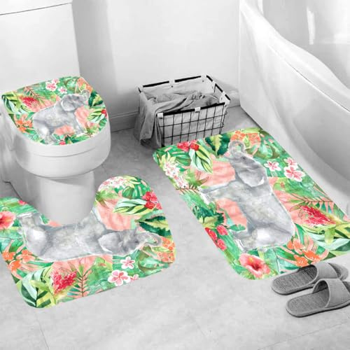 Generisch Badgarnitur 3 Teilig Badezimmerteppich Waschbar Badematte rutschfest,Wc Vorleger Mit Ausschnitt Und Badematte, Badvorleger Toilette Teppich 45X75Cm Elefant