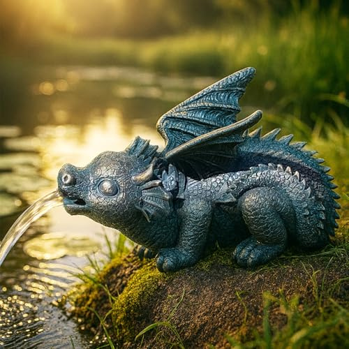 Gartenbrunnen für Außen 230V ZAUBER-Drache Zierbrunnen Zimmerbrunnen mit LED-Beleuchtung Wasserspiel für Garten, Gartenteich, Terrasse, Balkon