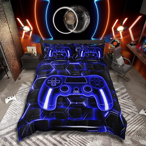 Homemissing Gaming Kinder Bettwäsche Set 135x200cm Junge Gamer Spieler Bettwäsche-Set 3D Geometrie Honeycomb Bettbezug mit 1 Kissenbezug Blau Gamepad Teens mit Reißverschluss