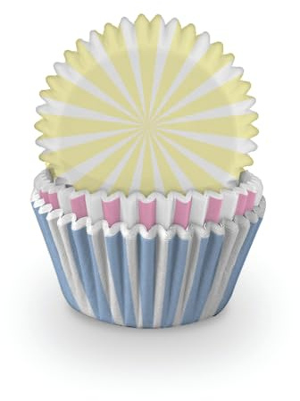 Anniversary House Pack of 75 Stripe Cupcake Cases for Spring Baking, Baking Cups in Heavy Duty Greaseproof Paper, Pink, Yellow and Blue, J245, 12 cm x 12 cm x 12 cm