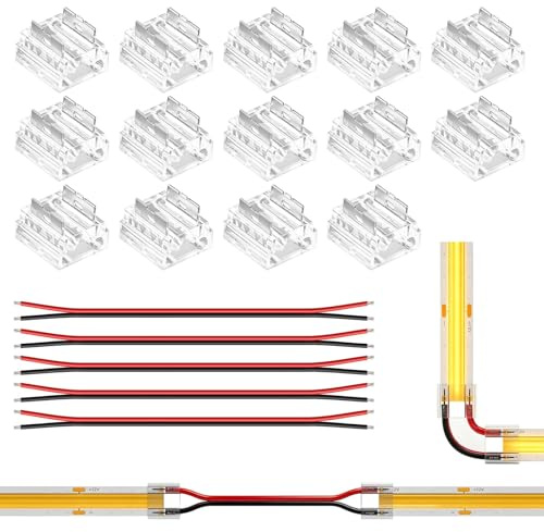 19 Pièces Connecteur Ruban LED FCOB COB 2 Pin 8mm Kit, Soudure Sans Fente | Kit avec 14x Connecteurs Transparents Sans Soudure, 5x Fil d'extension 20AWG 15cm, 2 Pin Raccord d'angle pour Bande LED FCOB