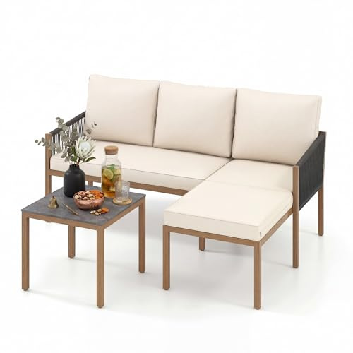 LIFEZEAL Salon de Jardin 3 Pièces Extérieur, Canapé d’Angle en L avec Table Basse Effet Marbre, Coussins et Structure en Métal, Canapé 2 Places et Méridienne pour Terrasse, Jardin, Patio (Beige)