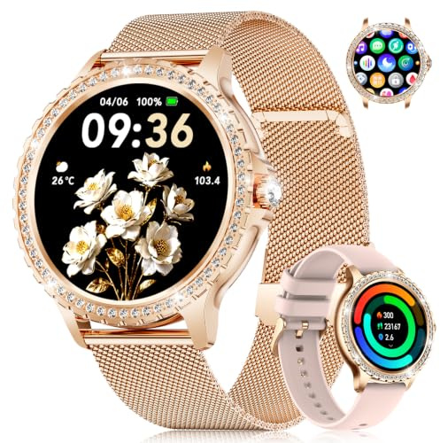 Orologio Smartwatch Donna 1,32 HD con Strass, Design Ultra-Sottile 9mm Elegante e Sportivo, Chiamate Bluetooth, Cardio, SpO2, Monitor Ciclo Mestruale, 100+ Sport, Compatibile iOS/Android, Oro Rosso