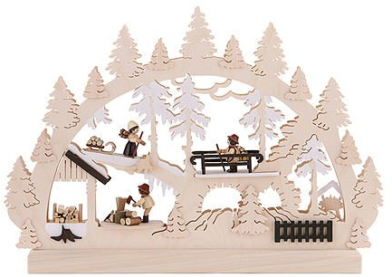 Michael Müller Unbekannt Doppel Schwibbogen Waldleute Holzstapel mit 3 Figuren - 42x30x4,5 cm - Original Erzgebirge Schwibbögen