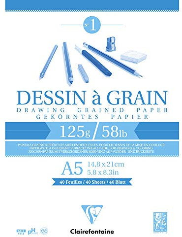Clairefontaine 96686C - Zeichenblock geleimt, 40 Blatt, gekörntes Zeichenpapier, 125 g, 14,8 x 21 cm, ideal für Zeichen und Kunstunterricht, geleimt, Weiß, 1 Stück