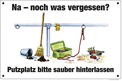 Comic-Schilder.de - Putzplatz Schild 'Bitte sauber hinterlassen' (300 x 200 mm, Alu-Dibond, humorvoll, weiß)
