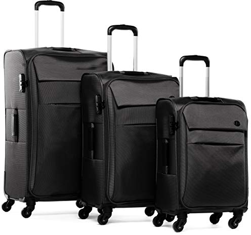 FERGÉ Kofferset Weichschale 3 teilig leicht Calais Reisekoffer Trolley-Set (Handgepäck, L, XL) 3er Set Stoff-Koffer Roll-Koffer 4 Rollen Stretch-Flex schwarz