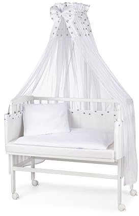 Waldin Beistellbett mit Matratze und Stoffen, höhen-verstellbar, 16 Modelle wählbar, Buche Massiv-Holz weiß lackiert,Große Liegefläche 90x55cm,Sterne/grau