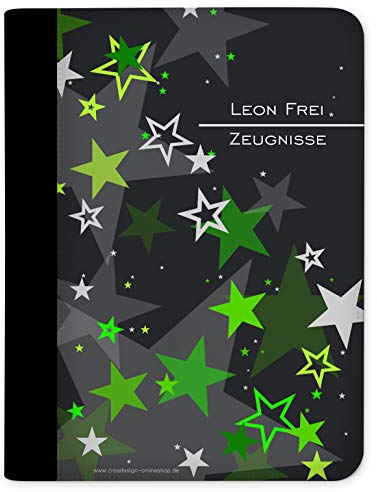 CreaDesign Customize A4 Zeugnismappe für Kinder 26,7x32,7x1 cm, Sichtbuch mit 10 Klarsichthüllen, erweiterbar auf bis zu 20 Taschen, Grün Sterne Design, Dokumentenmappe für Schüler